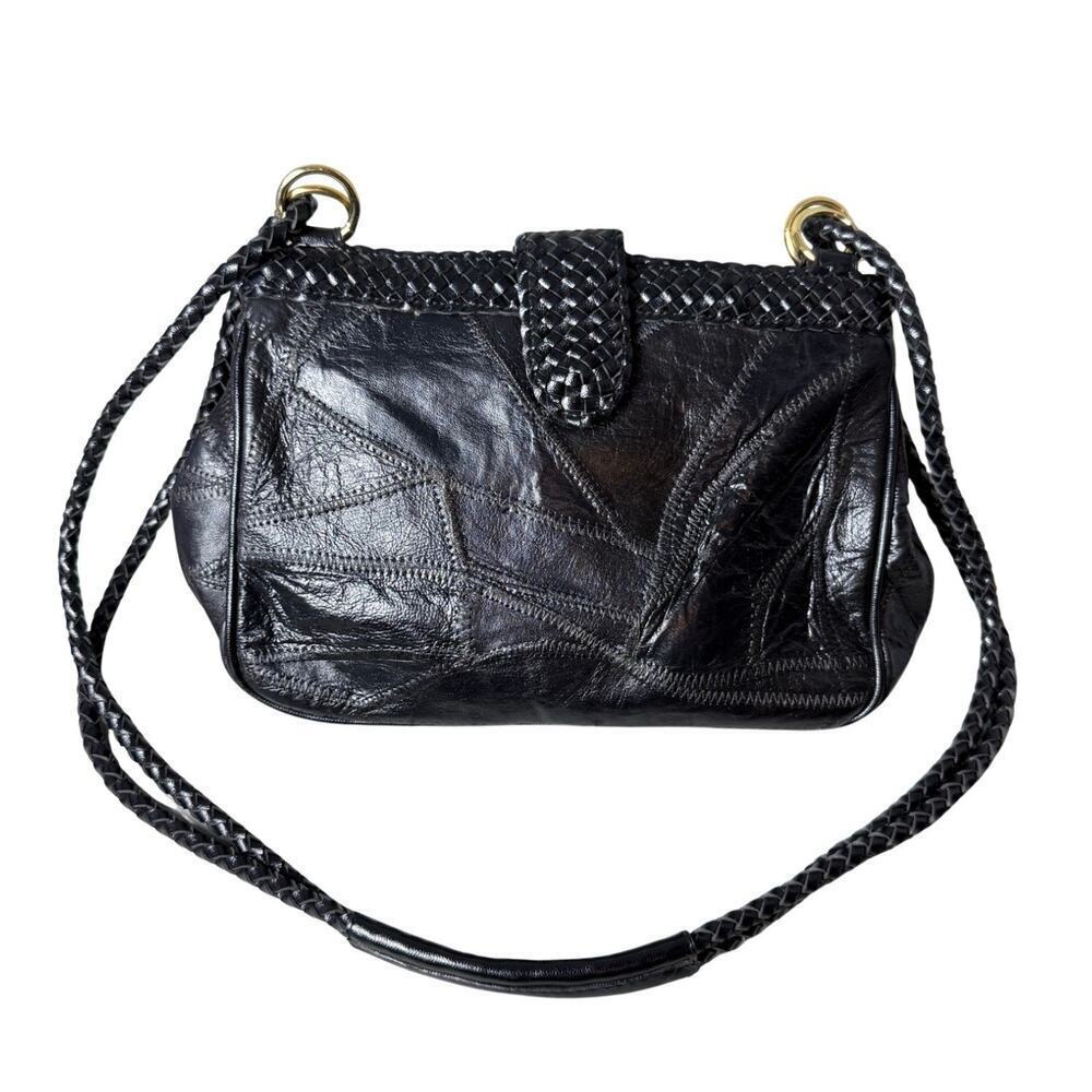 Vintage Warren Reed Black Faux Leather Woven Strap Snap Closure Shoulder Bag